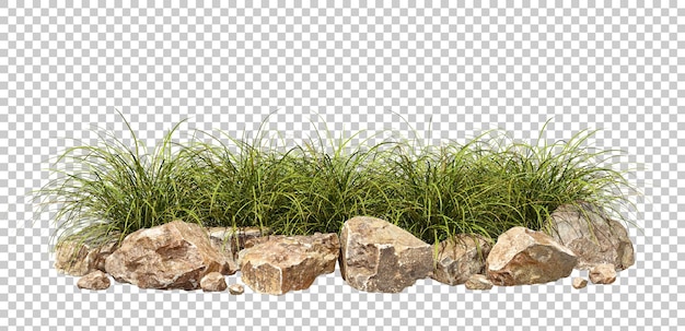 Layout de composição de grama e rocha isolada em fundos transparentes em 3D.