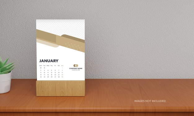 Layout de modelo de calendário anual com espaço para imagem ou texto vaso de plantas 3D em fundo cinza e marrom