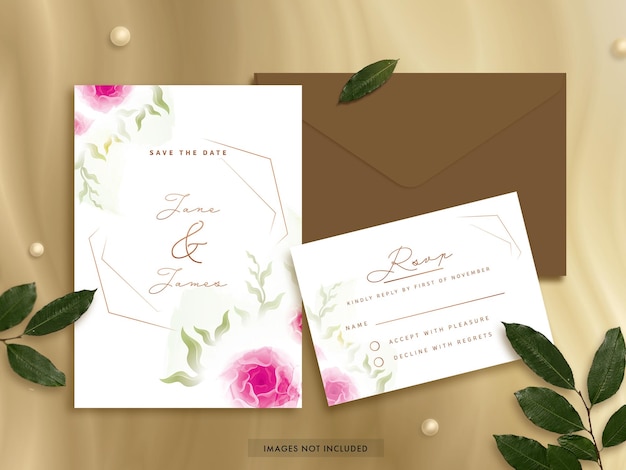 Layout de modelo de cartões de casamento com contas de envelope e folhas em fundo marrom brilhante