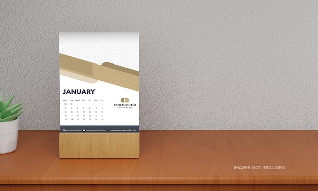 Layout del modello di calendario annuale con spazio per immagine o testo Vaso per piante 3D su sfondo grigio e marrone