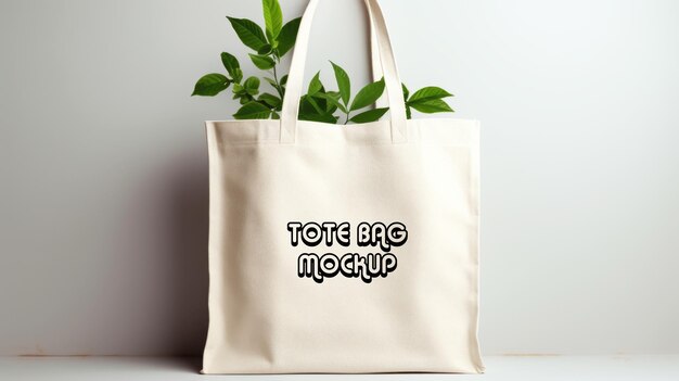 PSD layout para el diseño de una simple bolsa de compras de lona blanca con hojas de plantas verdes