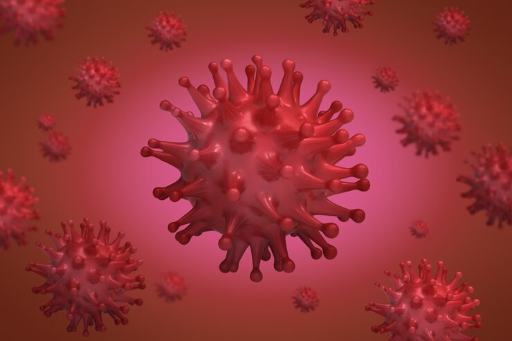 PSD le cellule batteriche rosse del virus 3d rendono l'immagine. illustrazione di modello di influenza, influenza, coronavirus. covid-19