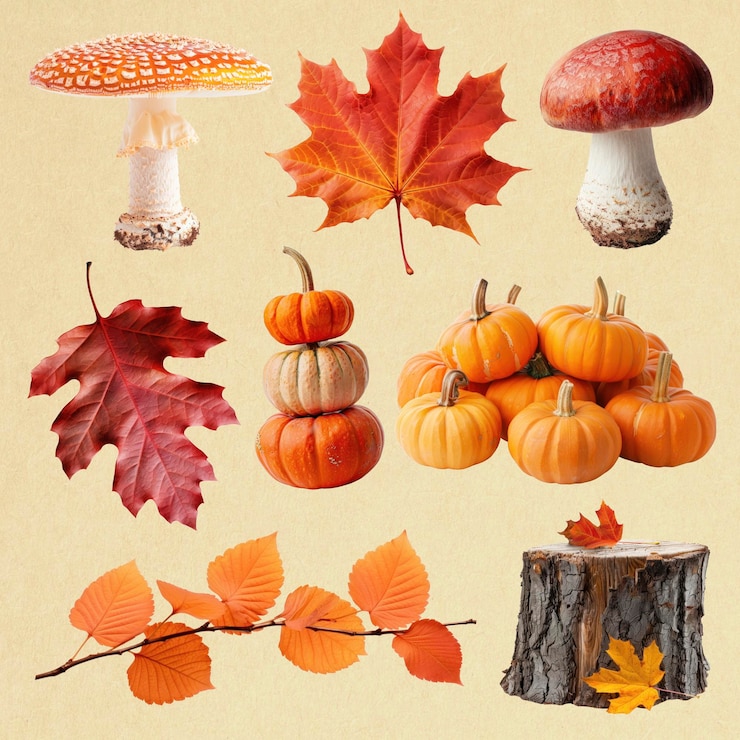 PSD le foglie d'autunno, le zucche, i funghi, il ceppo.