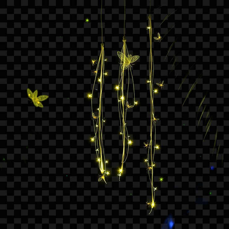 PSD le lucciole decorative e le foglie di palma gli insetti fluorescenti al neon galleggiano lungo la corda