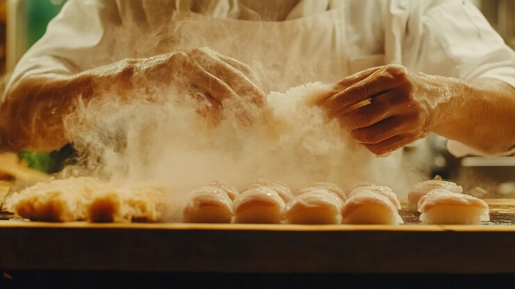 PSD le mani degli chef che preparano il sushi con un drammatico fumo di ghiaccio secco