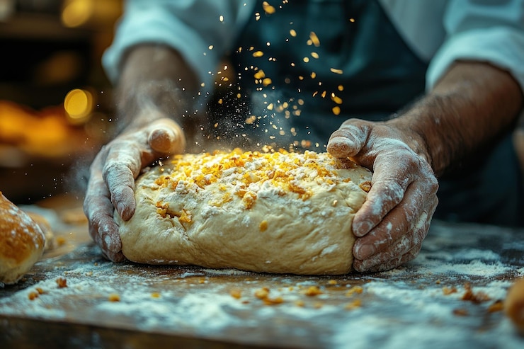 PSD le mani di un fornaio spruzzano delicatamente la farina su un pane appena cotto creando una nuvola di polvere bianca