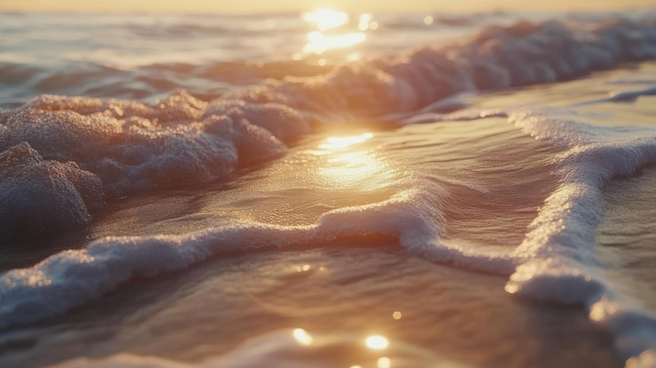 PSD le onde dolci luccicano sotto il bagliore del tramonto.