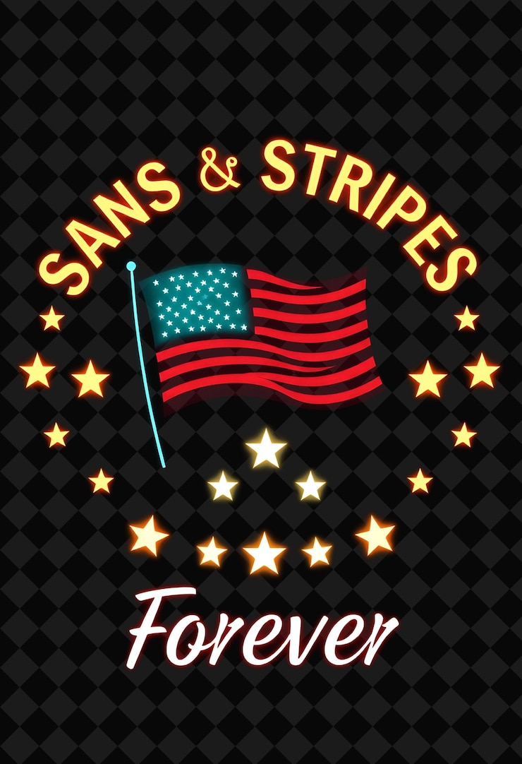 PSD le stelle e le strisce luminose per sempre testo in neon mandarino e teal profondo con un'america luminosa