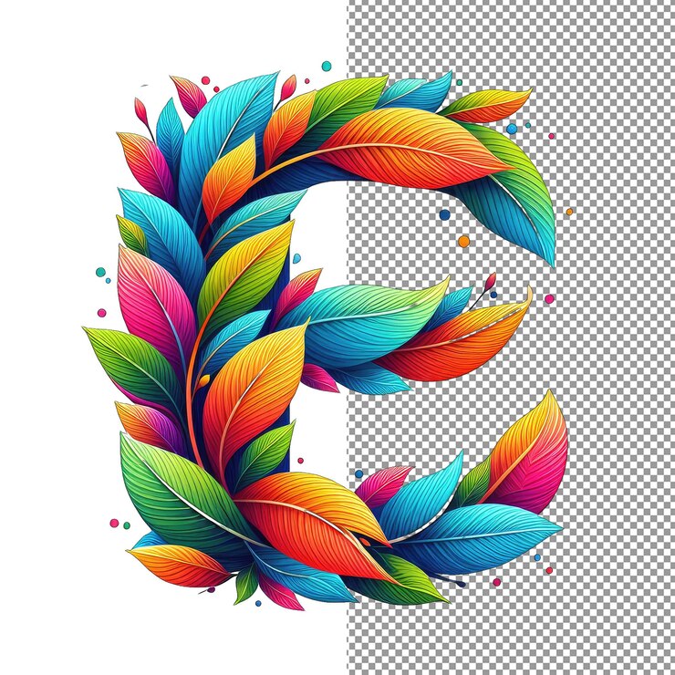 PSD leafy mosaic colorful leaves forming a letter on png background