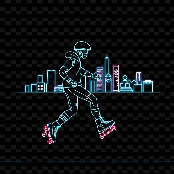 PSD lean rollerblader con patines diseño artístico de neon city con colores mezclados de azul y gris frescos decorados