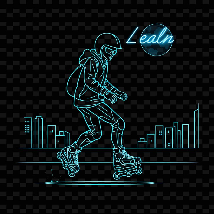 PSD lean rollerblader con patines diseño artístico de neon city con colores mezclados de azul y gris frescos decorados