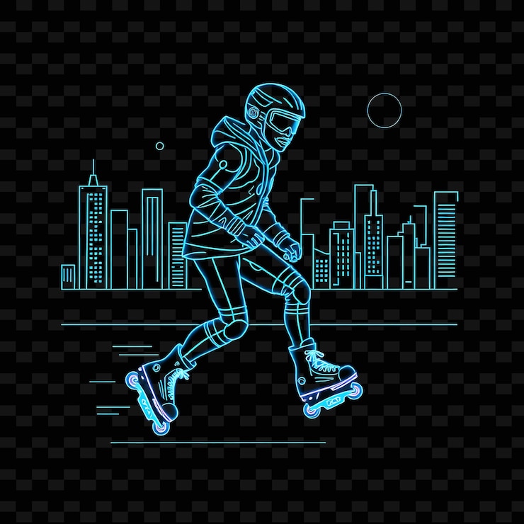 PSD lean rollerblader con patines diseño artístico de neon city con colores mezclados de azul y gris frescos decorados