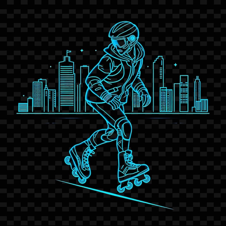 PSD lean rollerblader con patines diseño artístico de neon city con colores mezclados de azul y gris frescos decorados