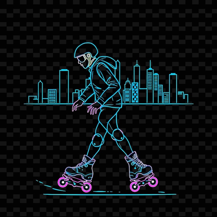 PSD lean rollerblader con patines diseño artístico de neon city con colores mezclados de azul y gris frescos decorados
