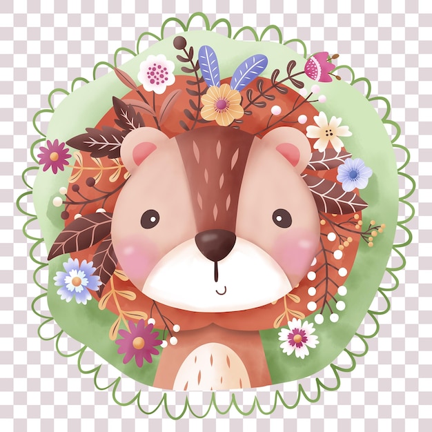 Leão bebê fofo e ilustração de flores