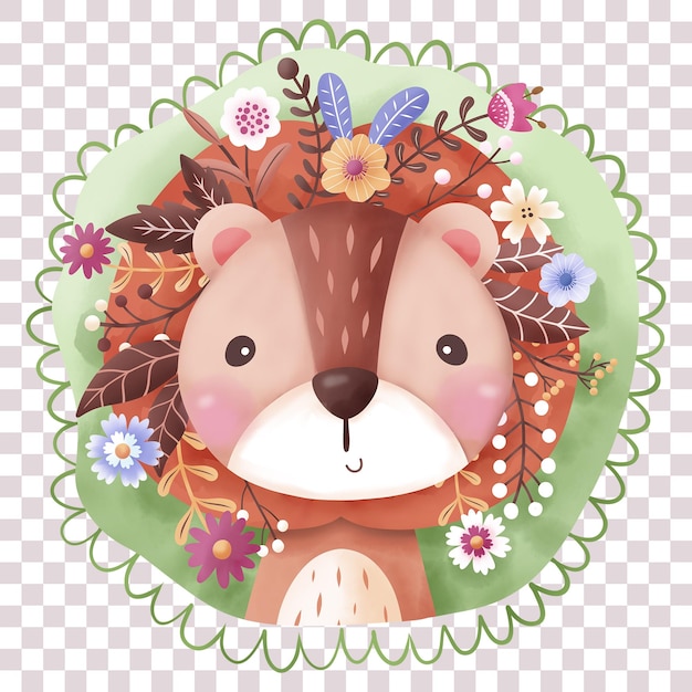 PSD leão bebê fofo e ilustração de flores