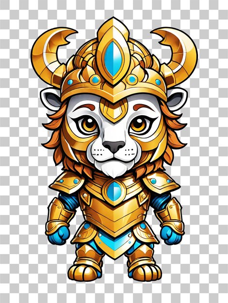 Leão em armadura com uma coroa de ouro isolada em ilustração de fundo transparente.