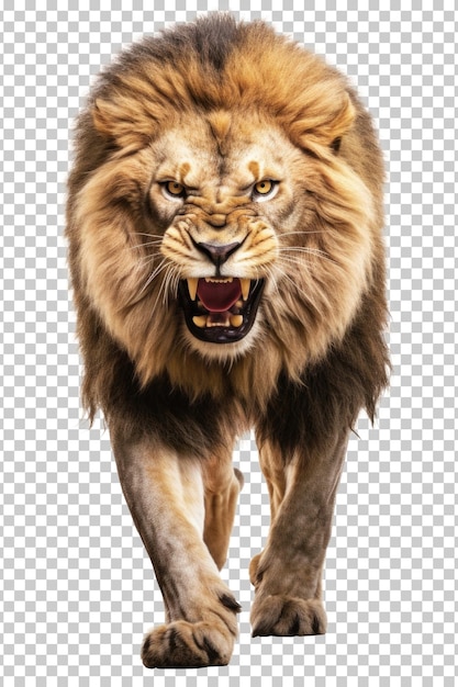 Leão zangado andando com vista frontal isolada em fundo transparente