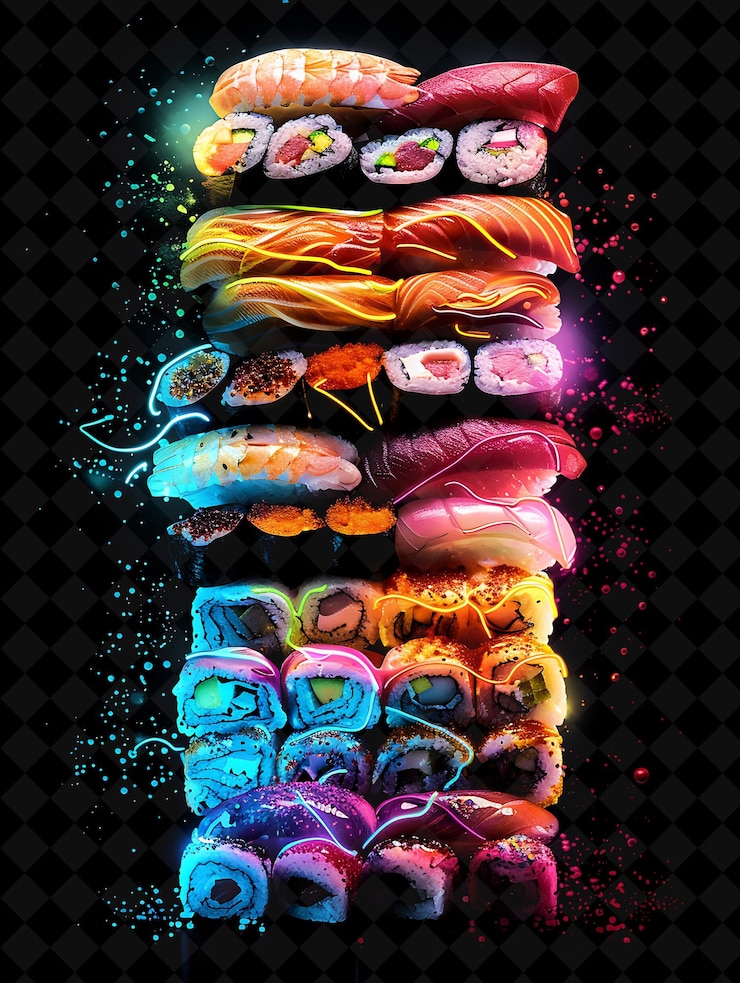 PSD lebendige neon-sushi-stapel und sushi-rollen in der s neon color food drink y2k-kollektion