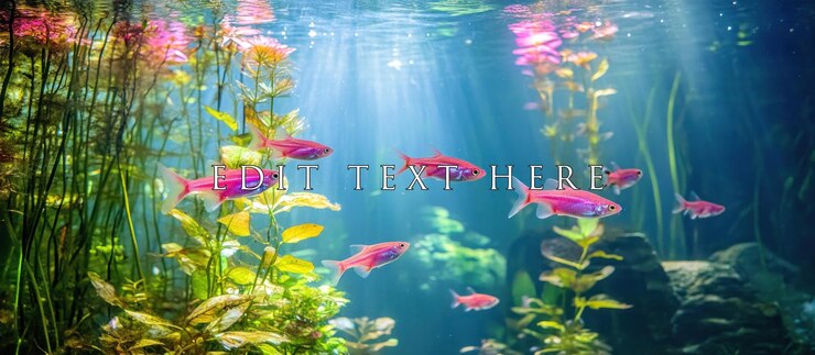 PSD lebendige unterwasserszene mit rosa fischen, die zwischen üppigen wasserpflanzen und felsen schwimmen