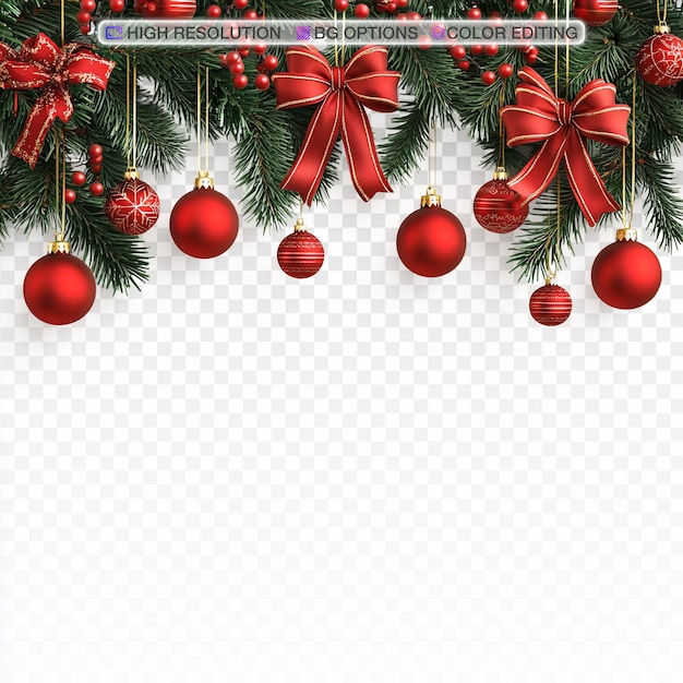 Lebendige Weihnachtsdekorationen mit Ballen und Schleifen auf weißem Hintergrund
