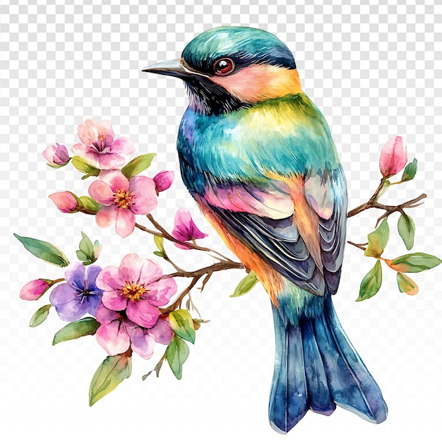 Lebendiger Aquarellvogel umgeben von bunten Blumen auf weißem Hintergrund