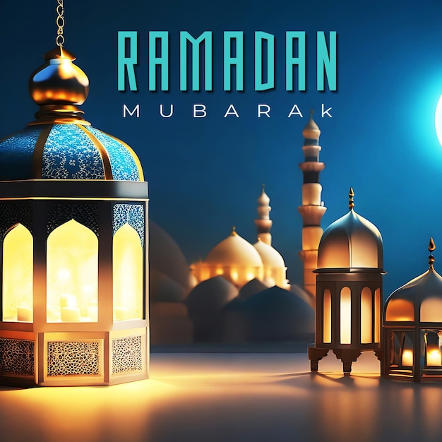Lebendiges farb-ramadan-thema mit islamischen laternen und moschee-illustration 3d-rendering