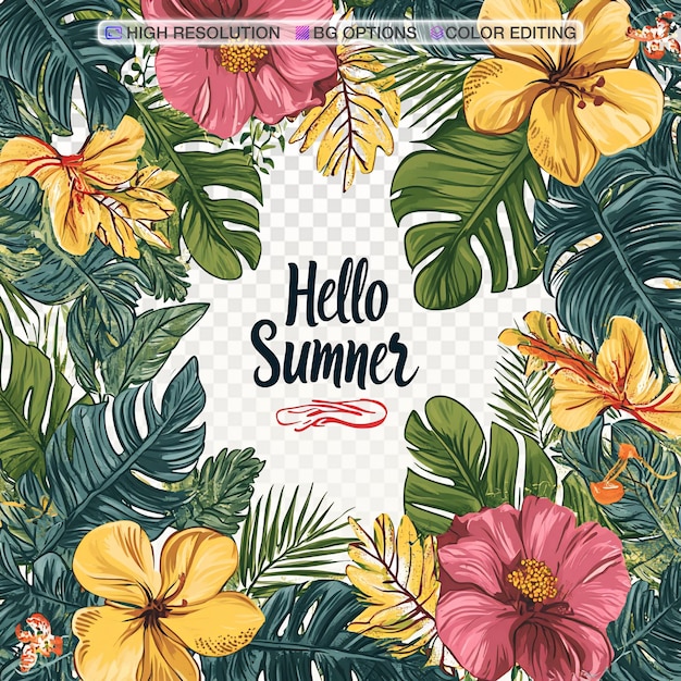 Lebendiges tropisches Blumen- und Blattmuster mit "Hallo Sommer" -Botschaft