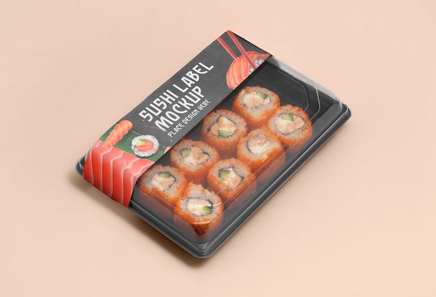 PSD lebensmittelverpackungen aus kunststoff mit sushi-label-mock-up