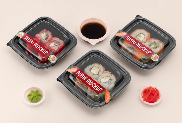 Lebensmittelverpackungen aus kunststoff mit sushi-label-mock-up