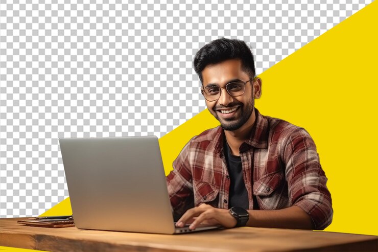 PSD lección en línea de psd joven indio sonriente usando una computadora portátil generada con fondo transparente