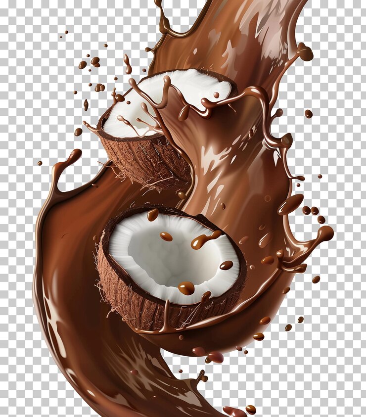 PSD leche de chocolate o yogur salpicado con coco aislado sobre un fondo transparente png psd