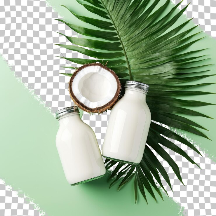 PSD leche de coco y coco fresco con hojas verdes vista superior de fondo transparente