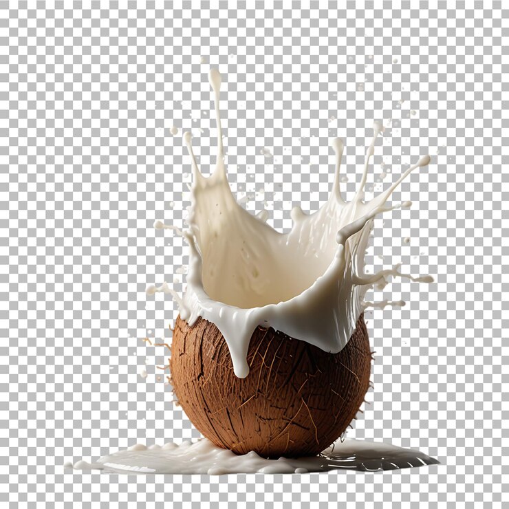 PSD leche de coco cremosa abierta salpicando sobre un fondo transparente ai generativo