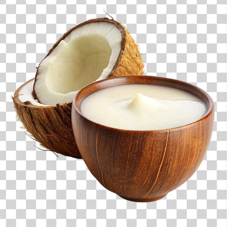 PSD leche de coco en un cuenco aislado sobre un fondo transparente