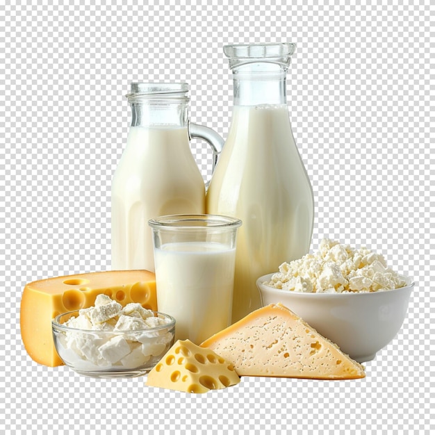 PSD leche fresca y productos lácteos aislados sobre un fondo transparente
