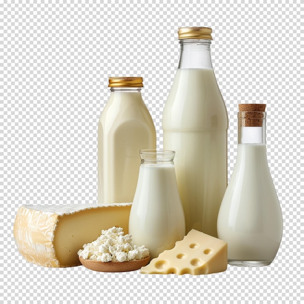 Leche fresca y productos lácteos aislados sobre un fondo transparente