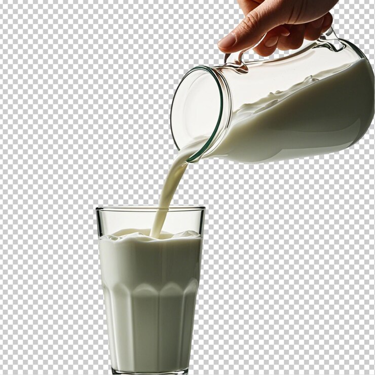 PSD leche de la jarra que se vierte en el vidrio sobre un fondo transparente