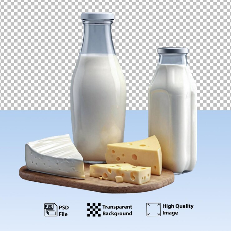 PSD leche psd en botellas de vidrio y conjunto de diferentes tipos de queso ia generativa