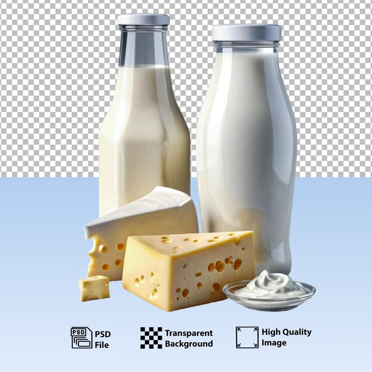 PSD leche psd en botellas de vidrio y conjunto de diferentes tipos de queso ia generativa