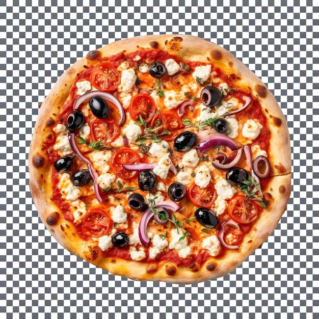 PSD leckere griechische pizza mit oliven isoliert auf transparentem hintergrund