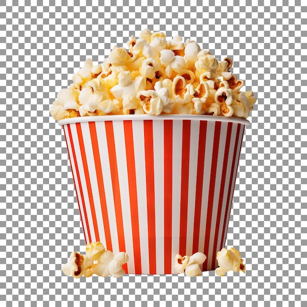 Leckere Popcorns in einer Tasse mit weißen und roten Streifen, isoliert auf transparentem Hintergrund