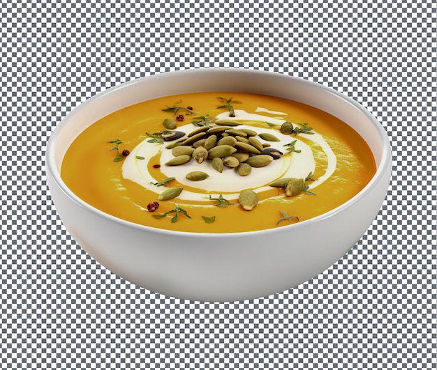 Leckere und köstliche Kürbissuppe auf durchsichtigem Hintergrund