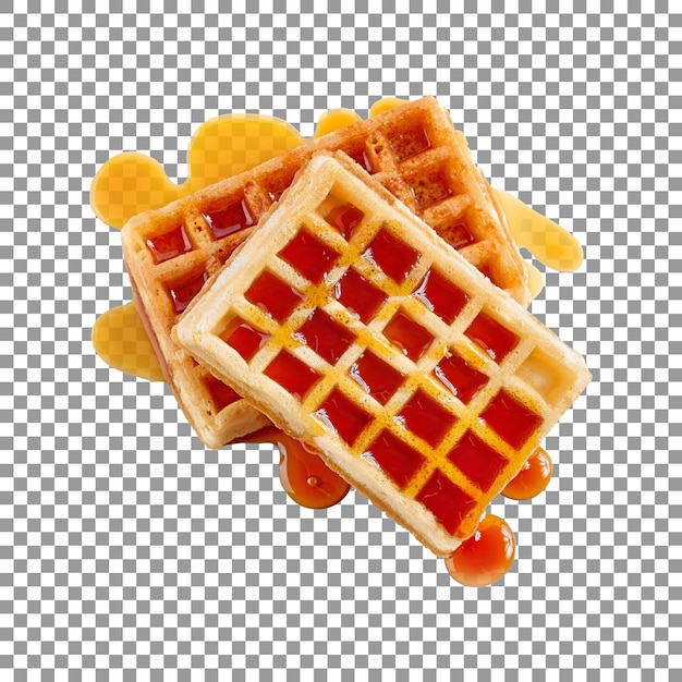 Leckere Waffeln mit Karamellsauce isoliert auf transparentem Hintergrund
