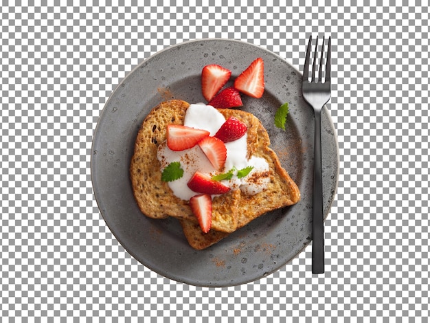 Leckerer französischer Toast mit Erdbeeren und Joghurt auf Teller mit transparentem Hintergrund
