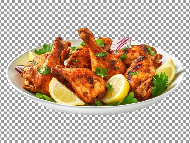 Leckerer tandoori-hähnchenteller mit gemüse- und limettenscheiben auf transparentem hintergrund