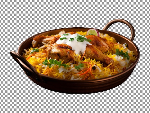 Leckeres biryani mit huhn auf tonteller isoliert mit transparentem hintergrund