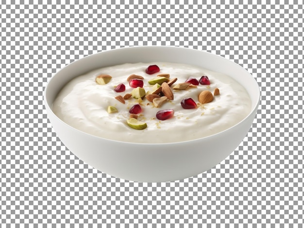 Leckeres cremiges Kheer mit verschiedenen Nüssen und Rosinen auf transparentem Hintergrund