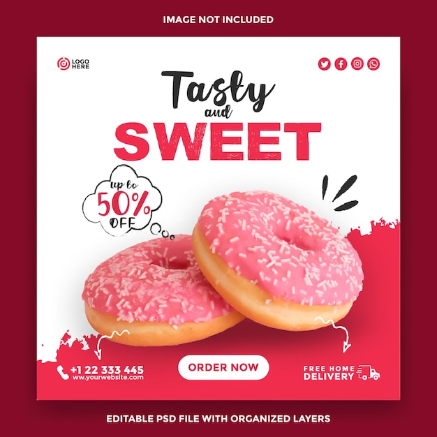 PSD leckeres und süßes essen, quadratisches banner-design für instagram-posts