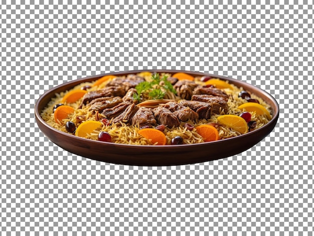 Leckeres würziges kabuli pulao mit rindfleisch und gemüse auf transparentem hintergrund